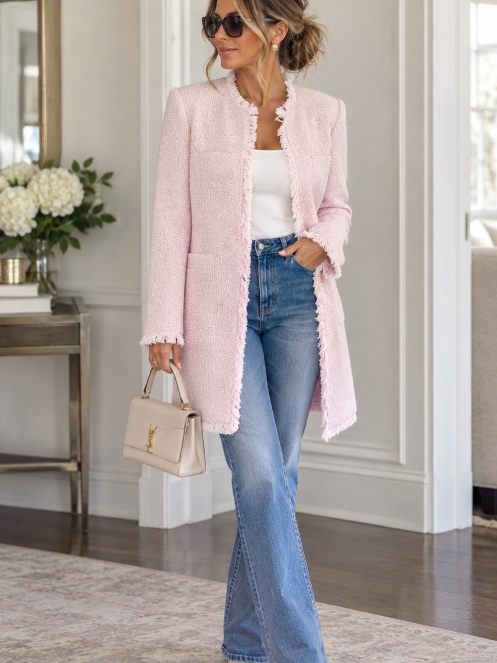 VENUS Pale Pink Fringe Tweed Blazer Coat
